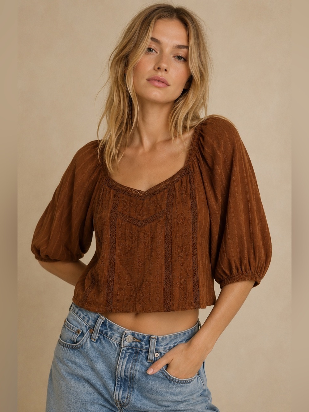 American Eagle Brown Embroidered Cropped Cotton Blouse